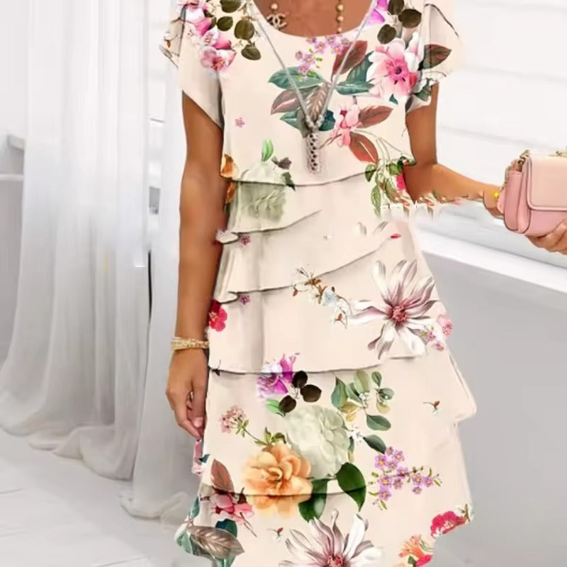 Elif - Bloemen geplooide jurk met ruches