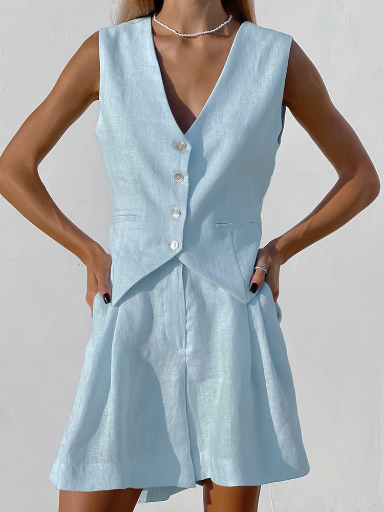 Brionnae - Dames ensemble van katoen-linnen met knoopgilet en short