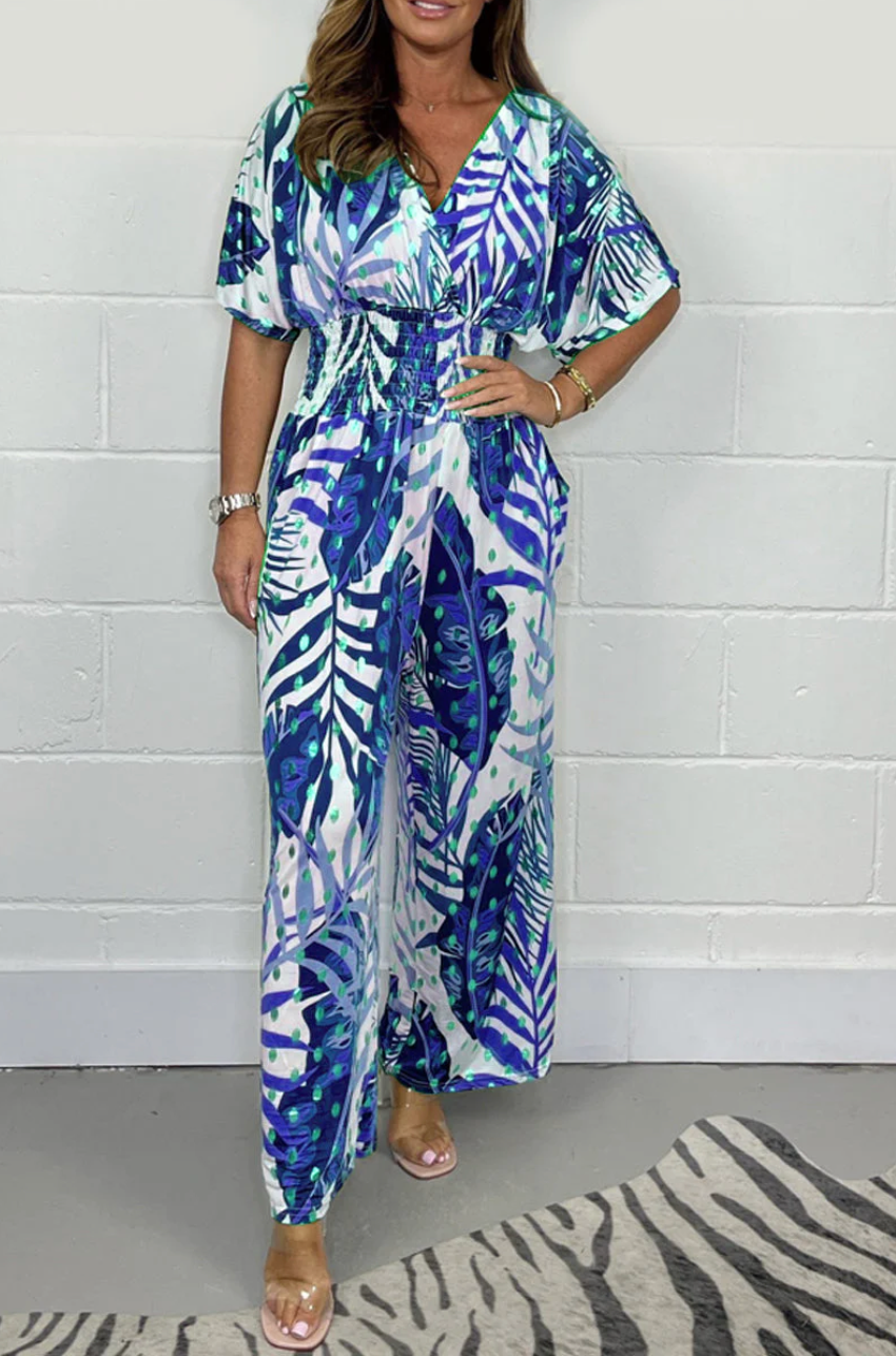Lucia - Vrouwelijke tropische jumpsuit met korte mouwen en V-hals