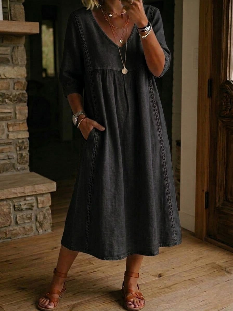 Jaxine - Dames Jurk Patchwork Kant Katoen Linnen Casual Zomer