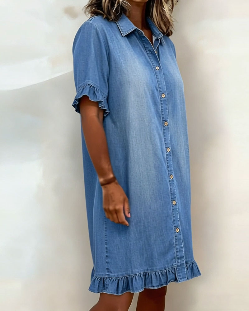 Glytha - Dames Denim Jurk Met Knopen Volant Mouwen Rechte Casual Snit