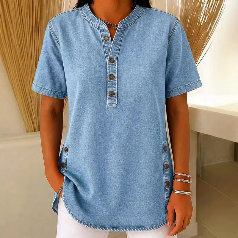 Kynessa - Lichte denim tuniek voor dames met korte mouwen en V-hals
