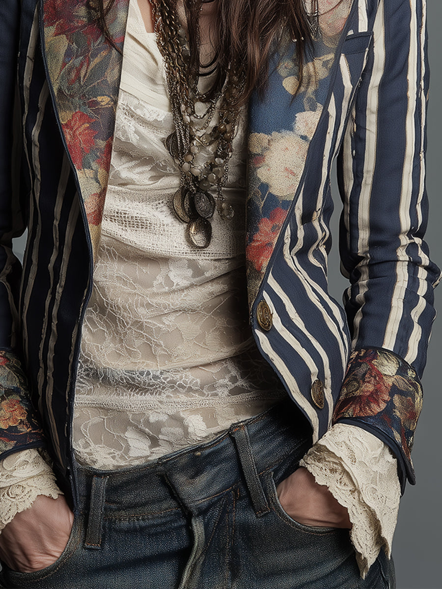Avenorix - Gestreepte boheemse damesblazer met vintage bloemenprint