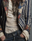 Avenorix - Gestreepte boheemse damesblazer met vintage bloemenprint