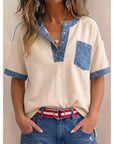 Tivellea - Dames top van katoen met V-hals en denim details