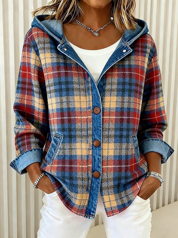 Nadrina - Jeansjack met Capuchon en Contrasterend Ruitpatroon