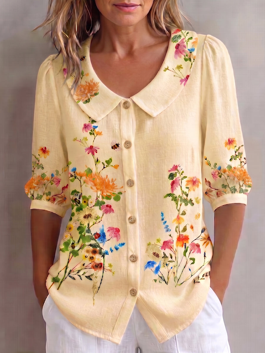 Mavessia - Damesblouse van katoen en linnen met artistieke vintage bloemenprint