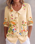 Mavessia - Damesblouse van katoen en linnen met artistieke vintage bloemenprint