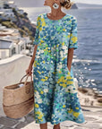 Averixa - Vrouwen midi-jurk met abstracte bloemenprint van katoen en linnen voor de zomer