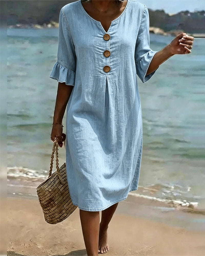 Fynorae - Dames jurk van denim met volantmouwen vloeiende snit zomer strand