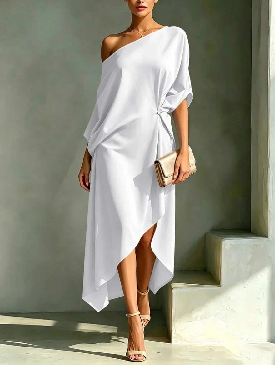 Helovyn - Elegante asymmetrische midi jurk voor dames met één schouder