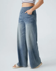 Ruvessa - Dames jeans met hoge taille brede pijpen zeer rekbaar moderne snit