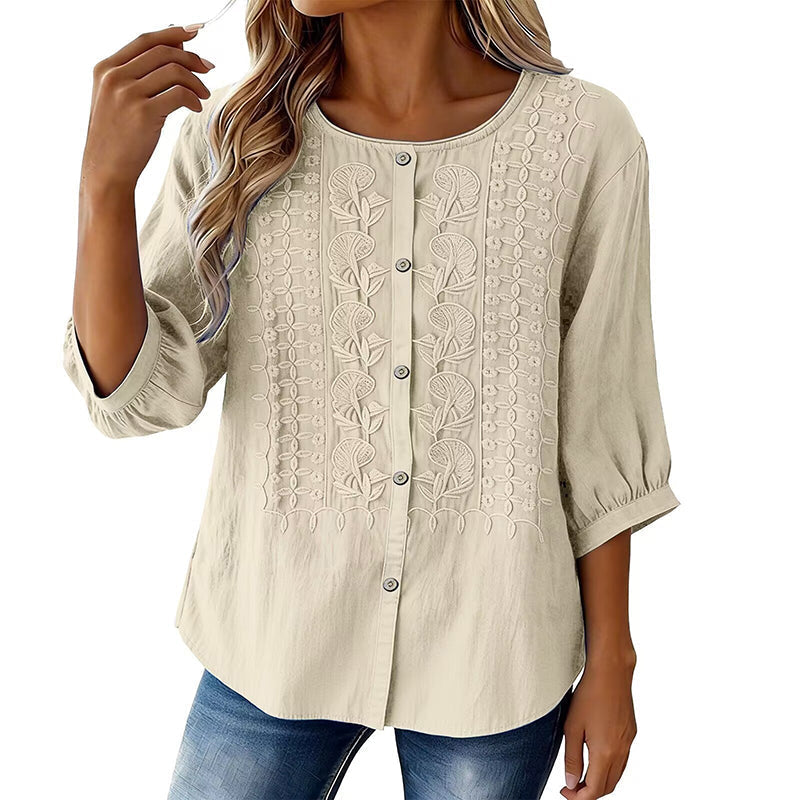 Sorivelle - Geborduurd damesblouse van katoen en linnen met 3/4 mouwen