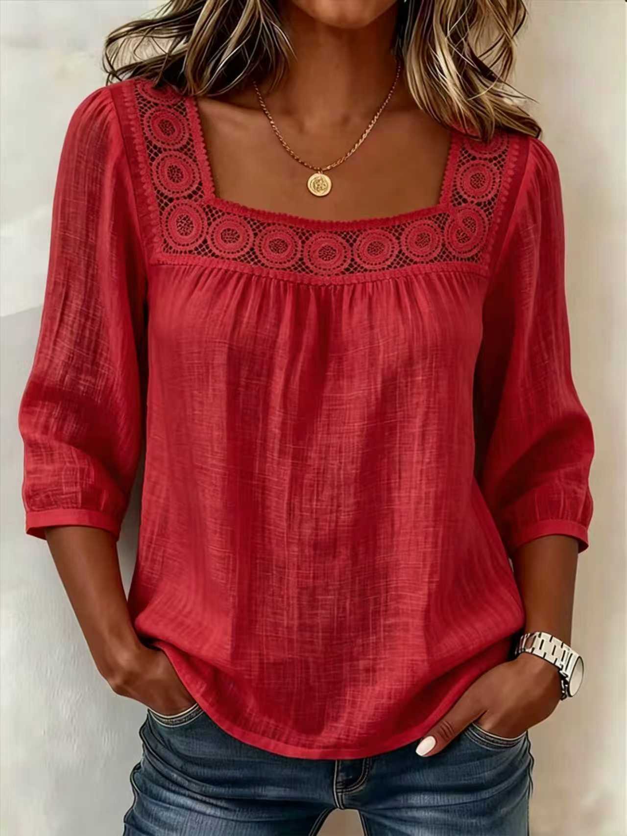 Myzaria - Damesblouse met vierkante halslijn en elegante kant