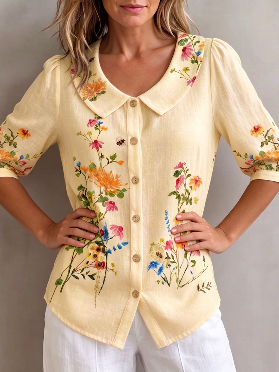 Mavessia - Damesblouse van katoen en linnen met artistieke vintage bloemenprint