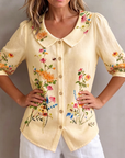 Mavessia - Damesblouse van katoen en linnen met artistieke vintage bloemenprint