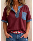 Tivellea - Dames top van katoen met V-hals en denim details