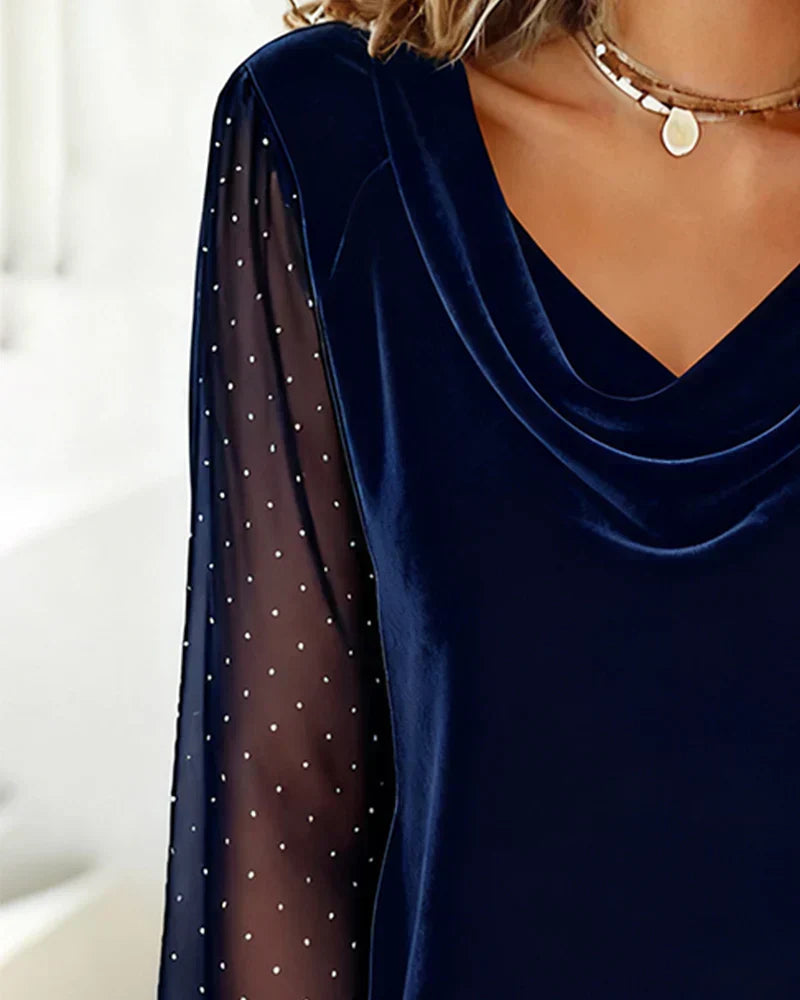 Lunavessia - Elegante Blouse met Drapé Kraag en Transparante Mouwen