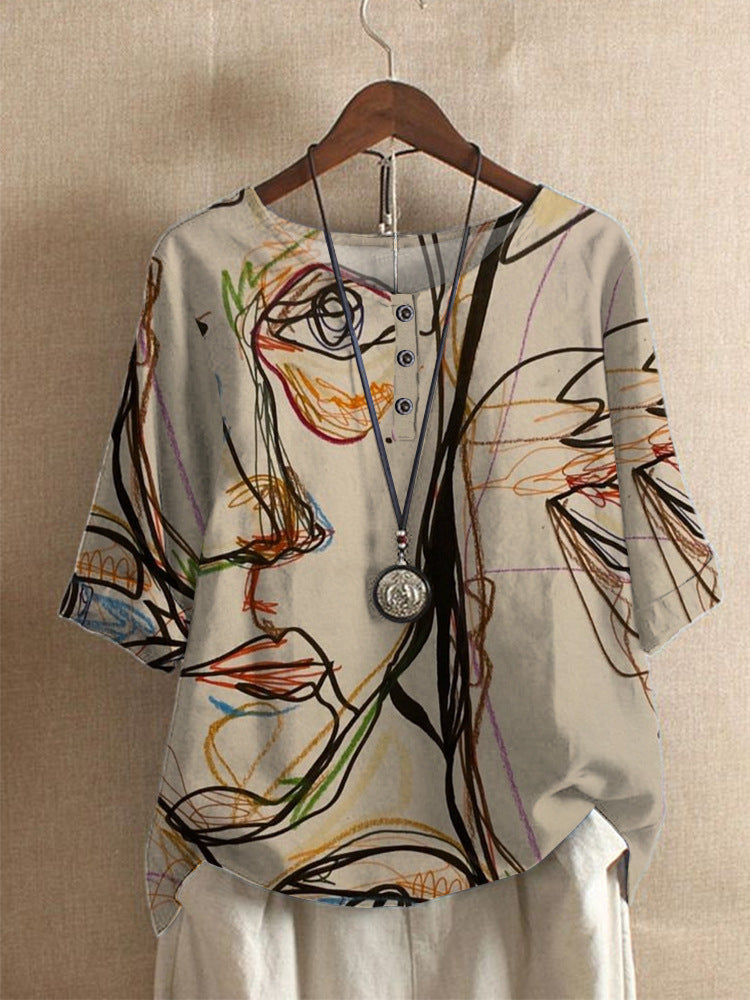 Averitha - Kunstzinnige dames T-shirt met 3/4 mouwen en ronde hals