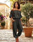 Brixavelle - Dames jumpsuit met blote schouders en strik taille van katoen