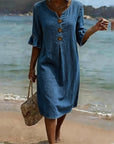 Fynorae - Dames jurk van denim met volantmouwen vloeiende snit zomer strand