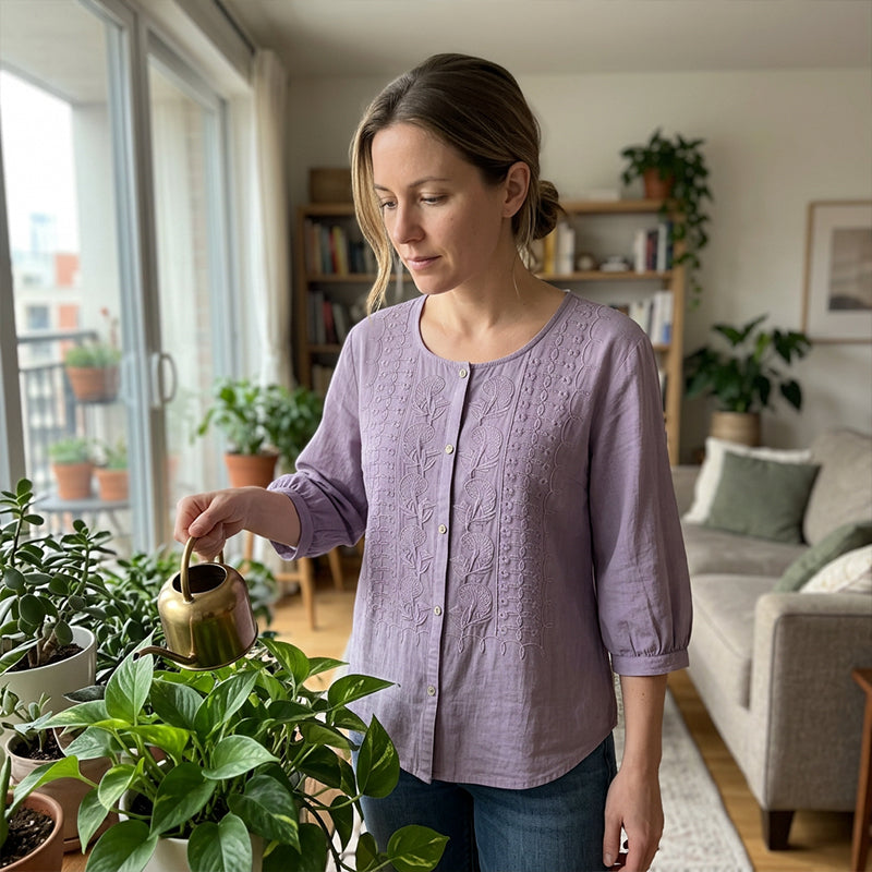 Sorivelle - Geborduurd damesblouse van katoen en linnen met 3/4 mouwen