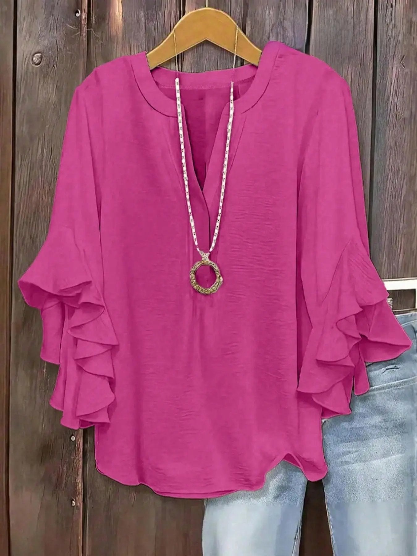 Horiana - Blouse voor vrouwen in grote maten met volantmouwen en V-hals