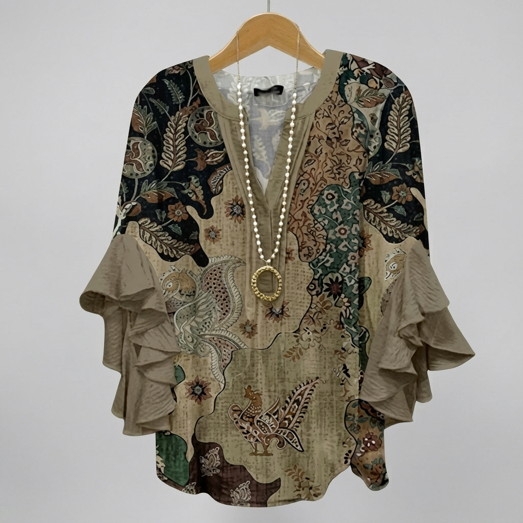 Faylissora – Elegante Losse Blouse met V-Hals en Artistieke Print