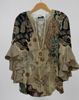 Faylissora – Elegante Losse Blouse met V-Hals en Artistieke Print