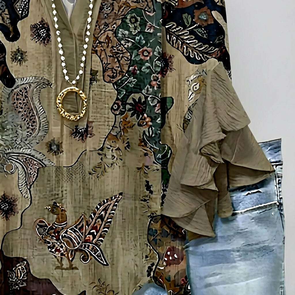 Faylissora – Elegante Losse Blouse met V-Hals en Artistieke Print