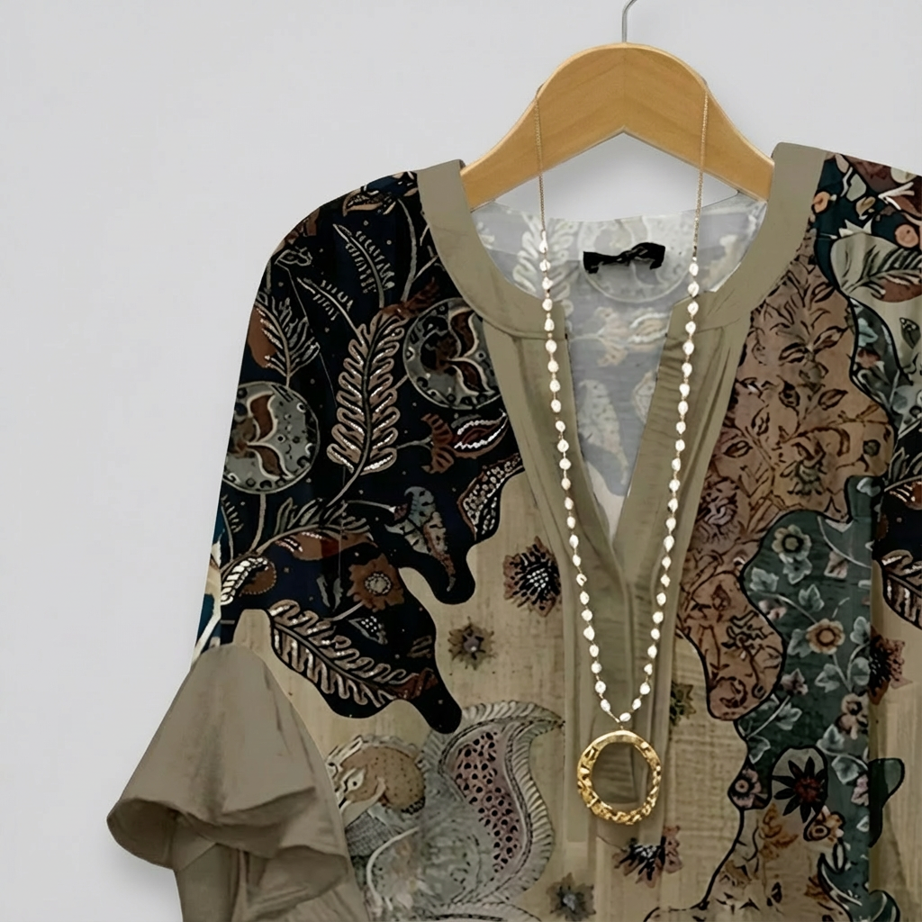 Faylissora – Elegante Losse Blouse met V-Hals en Artistieke Print