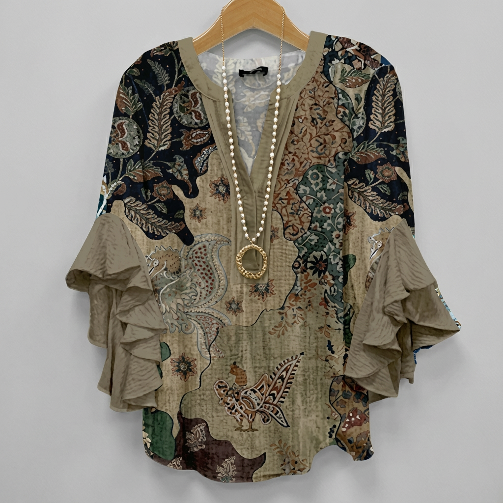 Faylissora – Elegante Losse Blouse met V-Hals en Artistieke Print