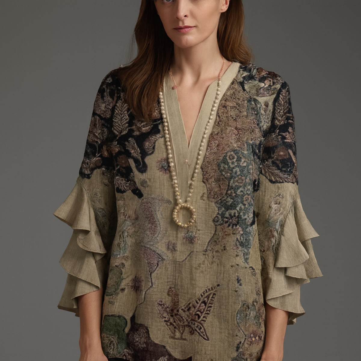 Faylissora – Elegante Losse Blouse met V-Hals en Artistieke Print