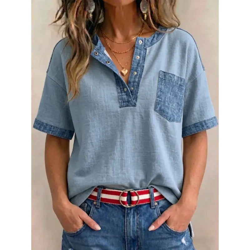 Tivellea - Dames top van katoen met V-hals en denim details