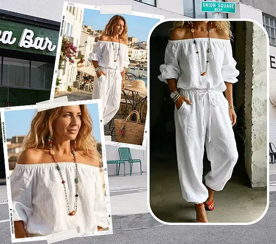 Brixavelle - Dames jumpsuit met blote schouders en strik taille van katoen