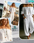 Brixavelle - Dames jumpsuit met blote schouders en strik taille van katoen