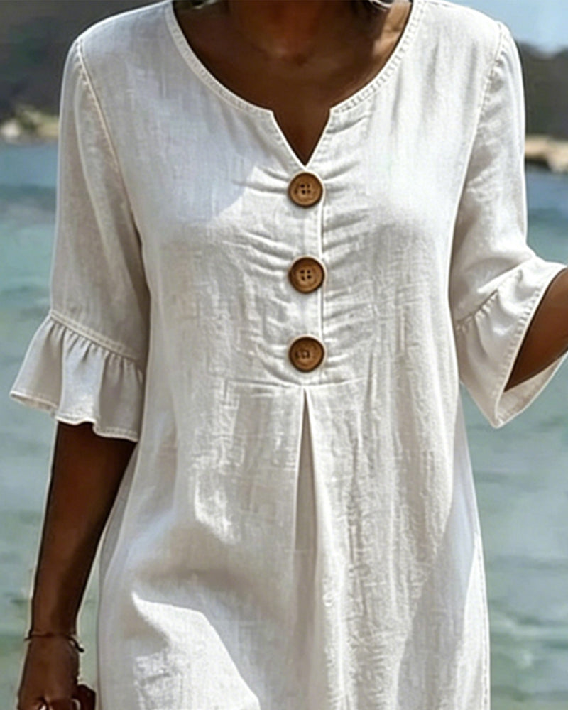 Fynorae - Dames jurk van denim met volantmouwen vloeiende snit zomer strand