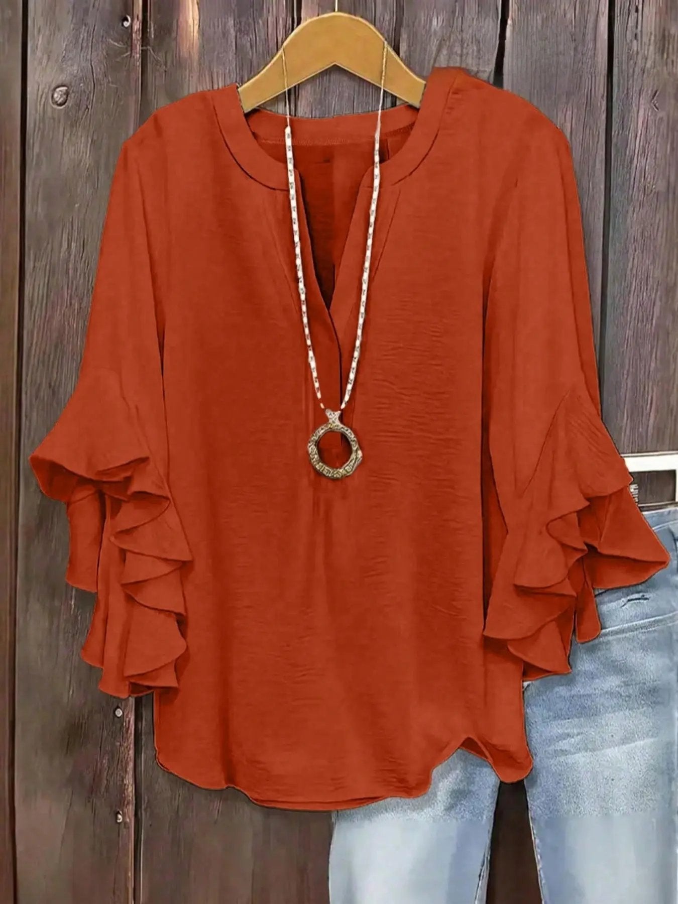 Horiana - Blouse voor vrouwen in grote maten met volantmouwen en V-hals