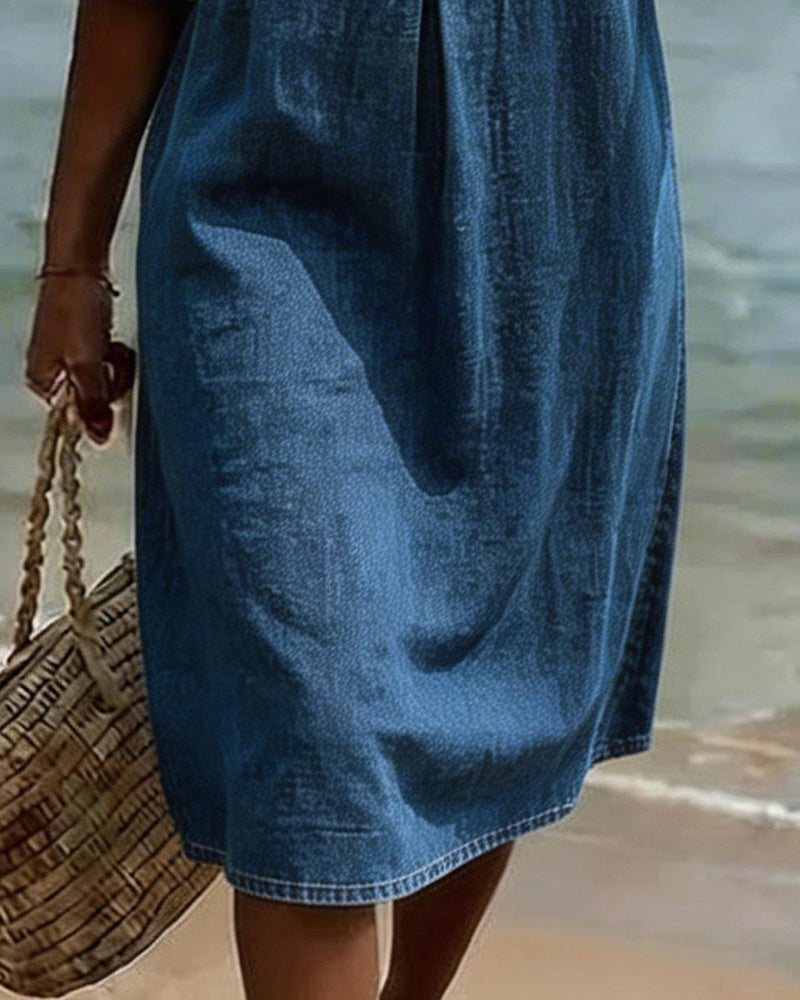 Fynorae - Dames jurk van denim met volantmouwen vloeiende snit zomer strand