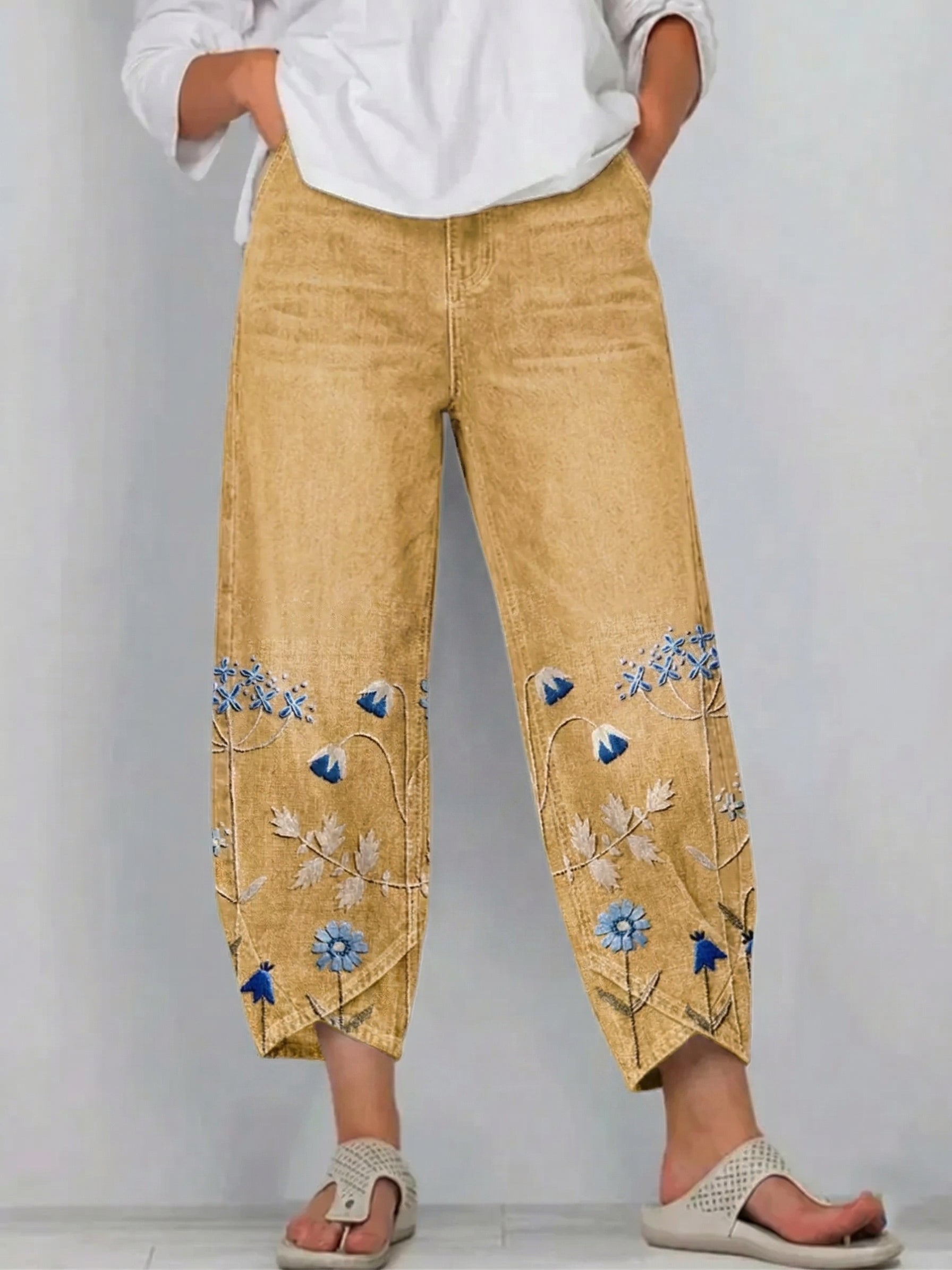 Fiorixa - Dames denim broek met borduurwerk in casual rechte snit