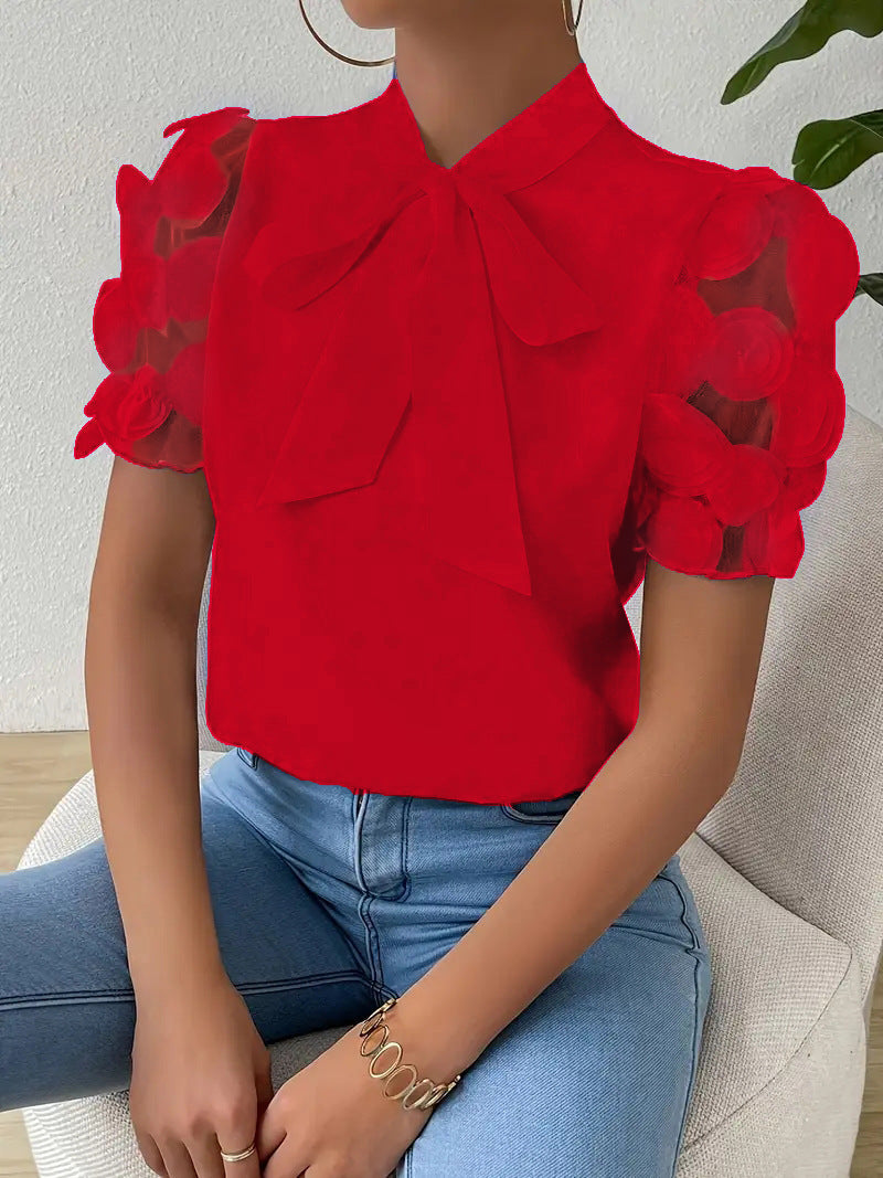 Cirelle - Effen kanten zomerblouse met strik en korte mouwen