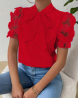 Cirelle - Effen kanten zomerblouse met strik en korte mouwen