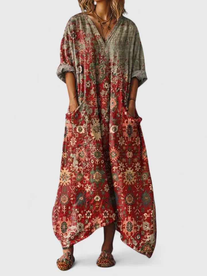 Grazelle - Lange Vloeiende Geprinte Jurk in Elegante Boheemse Stijl