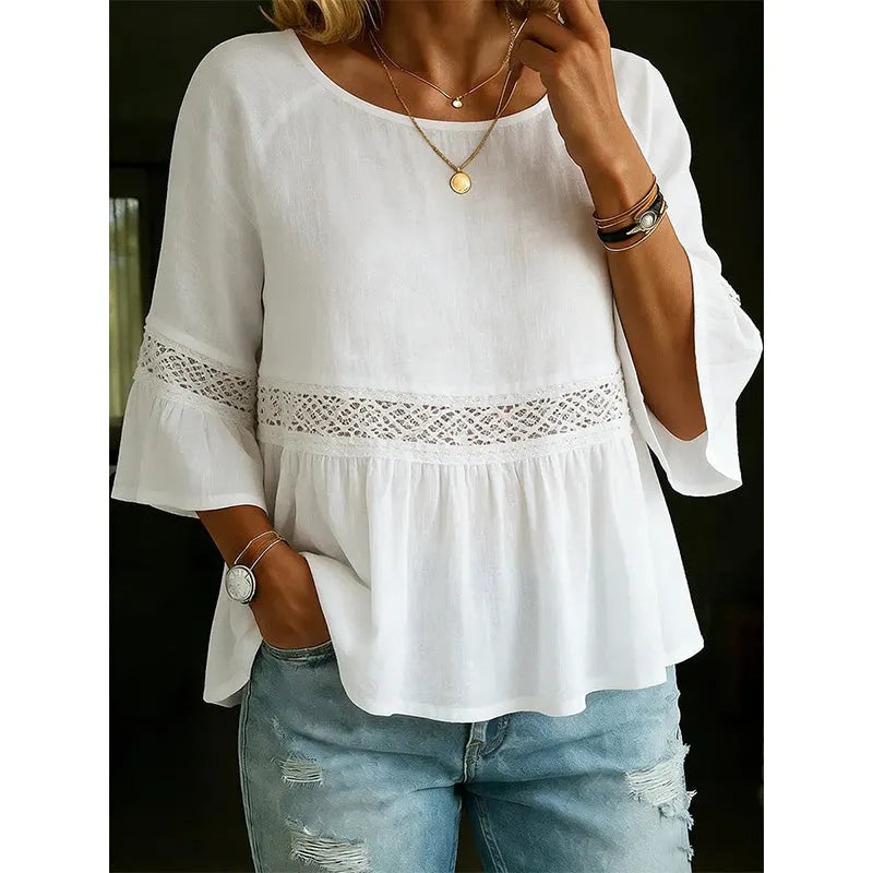 Evarielle - Damesblouse met kant en peplum met volantmouwen