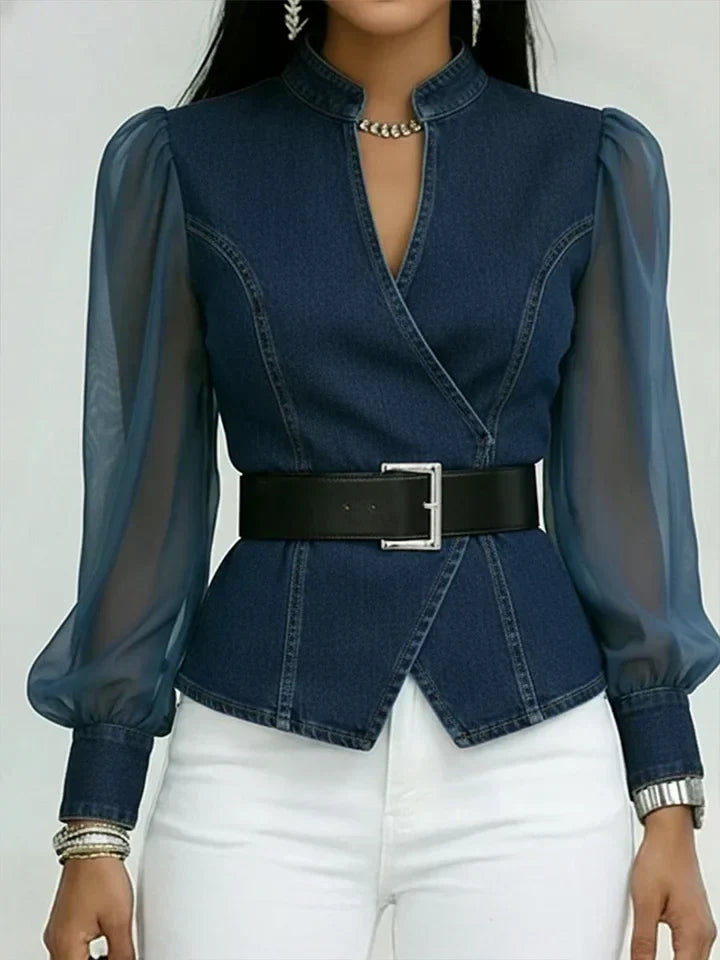 Quinellea - Elegante Denim Blouse met Structuur