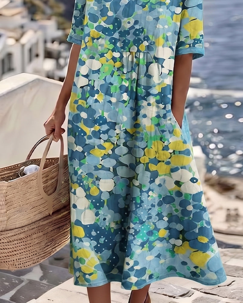 Averixa - Vrouwen midi-jurk met abstracte bloemenprint van katoen en linnen voor de zomer