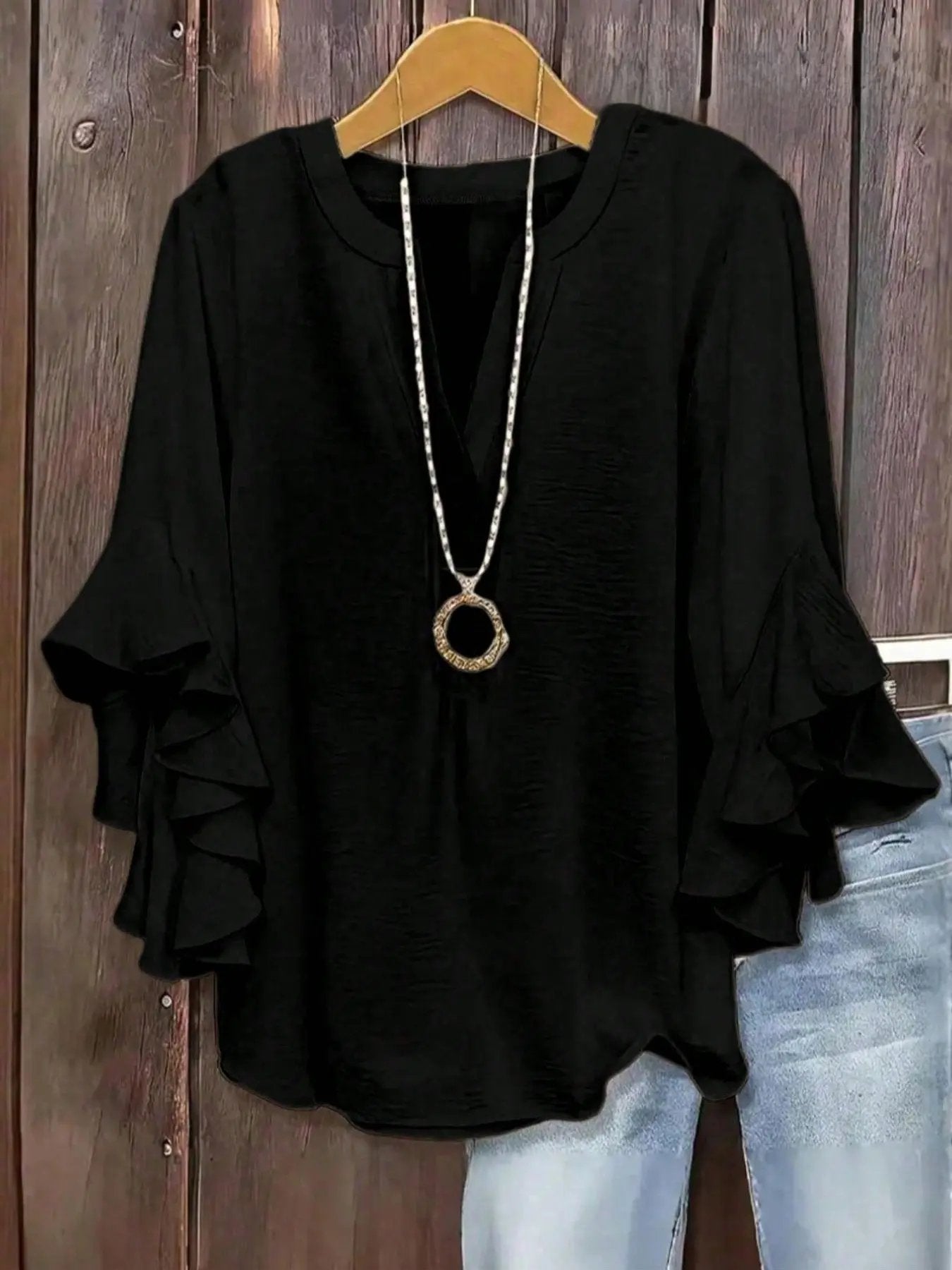 Horiana - Blouse voor vrouwen in grote maten met volantmouwen en V-hals