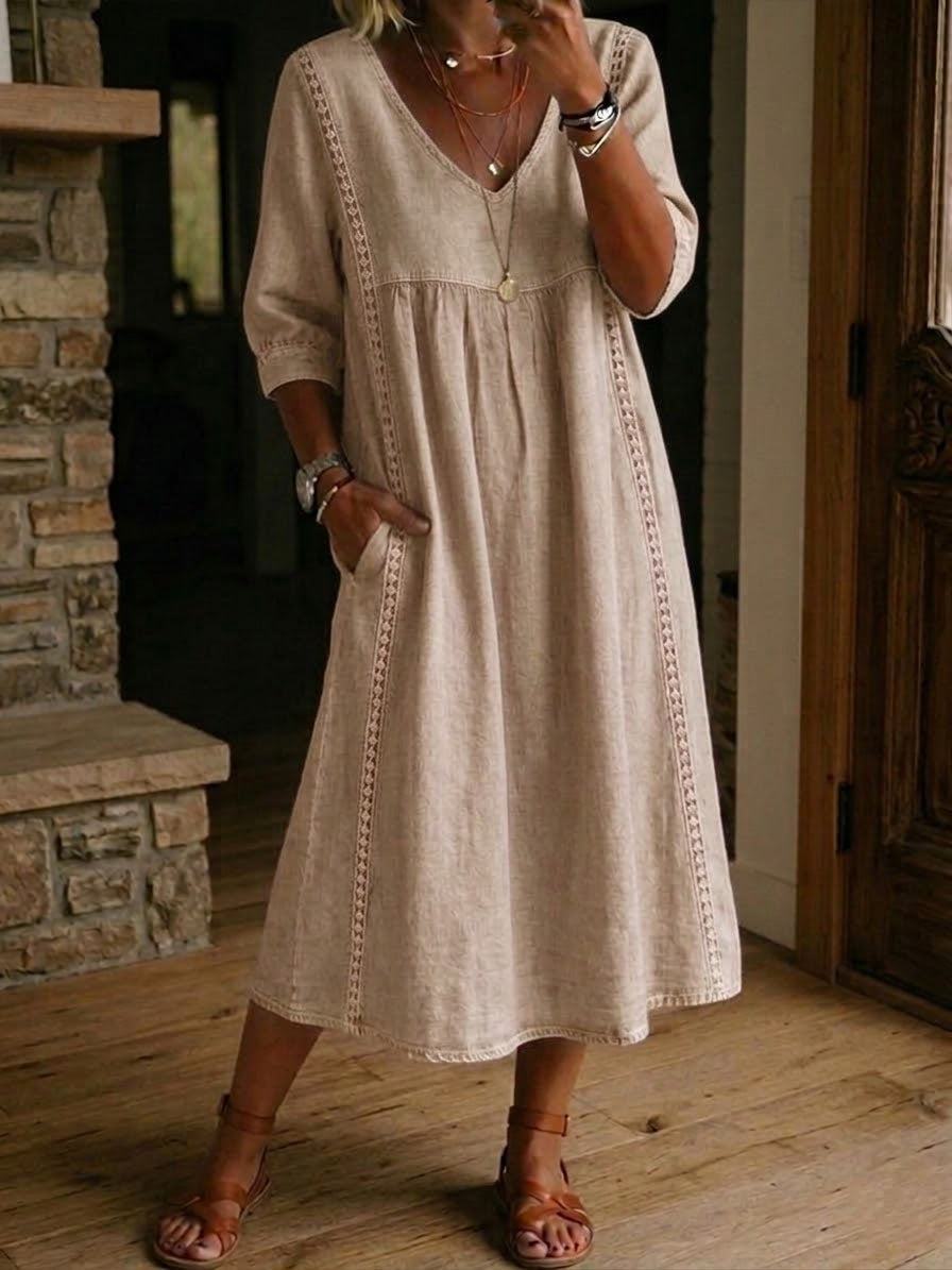 Jaxine - Dames Jurk Patchwork Kant Katoen Linnen Casual Zomer