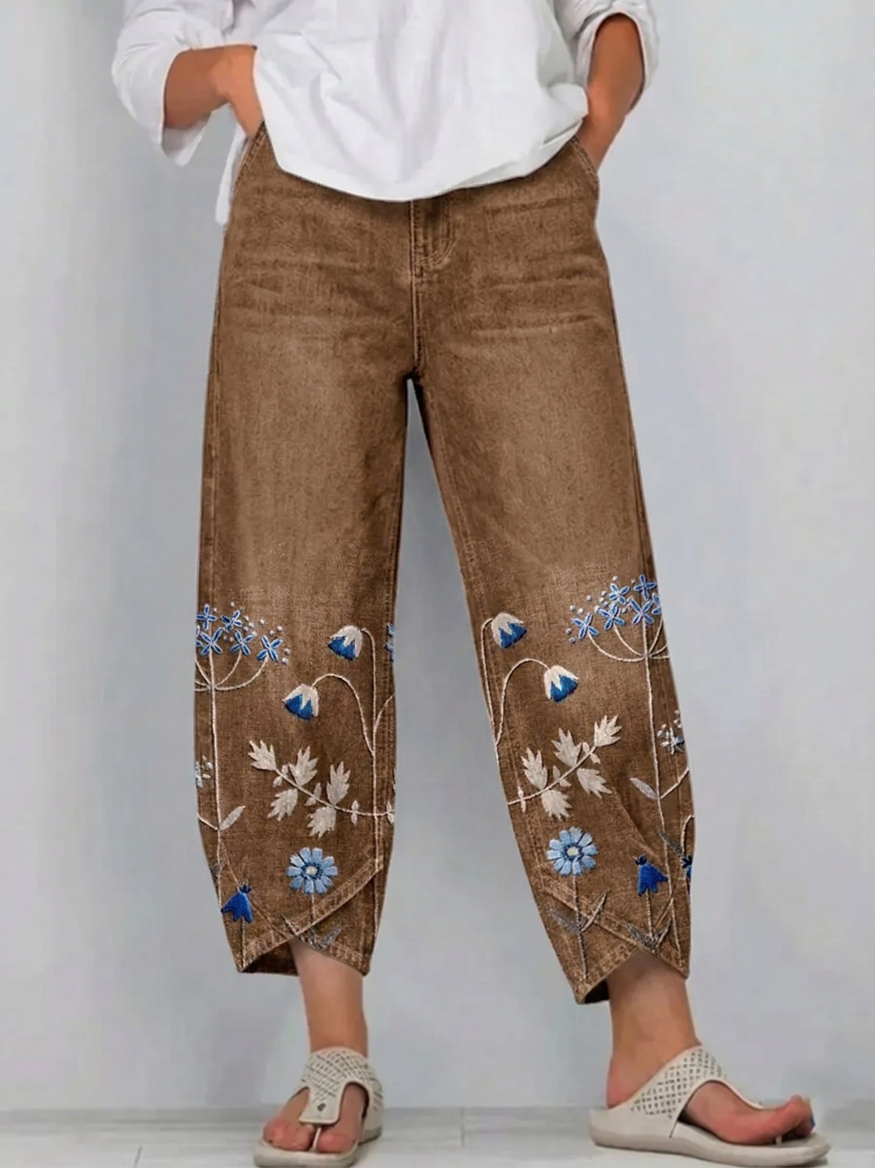 Fiorixa - Dames denim broek met borduurwerk in casual rechte snit
