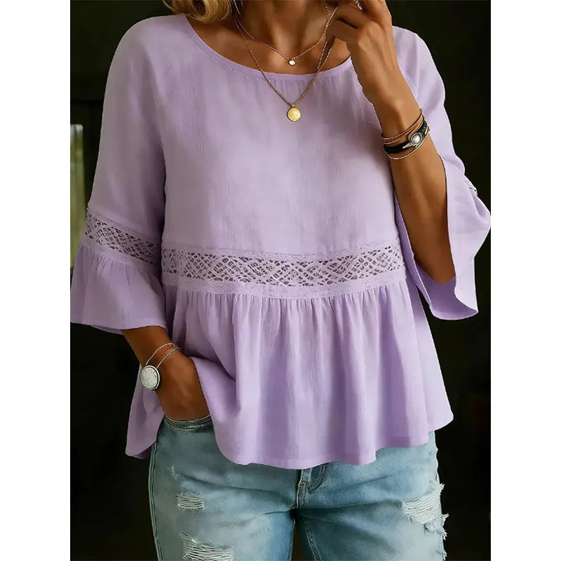 Evarielle - Damesblouse met kant en peplum met volantmouwen